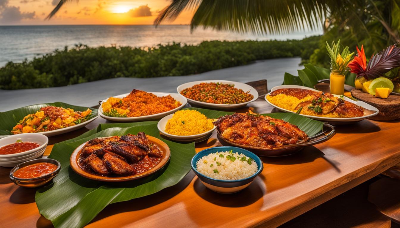 A display of Caribbean food on a table near a beach during a sunset